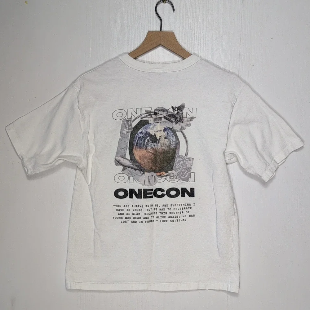 Champion White Graphic T-Shirt Small ONECON Earth World Graphic Faith Based Tee - Picture 11 of 12